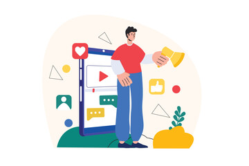 Video marketing concept with people scene in the flat cartoon style. Man talks about new products and services in video. Vector illustration.