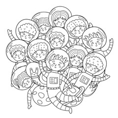 Cute kids astronauts circle shape pattern for coloring book. Space characters in spacesuits coloring page. Doodle style print for kids and adults. Vector illustration