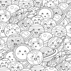 Cute planets space seamless pattern. Solar system planet characters black and white coloring page for adult and kids. Vector illustration