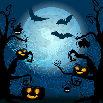 festive halloween flyer with all saints night with spider web funny pumpkins, spiders, vampires and bats