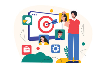 Business target concept with people scene in the flat cartoon design. Businessman explains to the employees where efforts should be directed. Vector illustration.