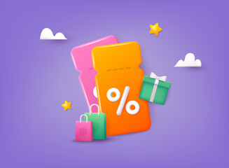 Online shopping tag price 3d render vector, discount coupon of cash for future use. Special offer promotion on 3d price tags. 3D Web Vector Illustrations.