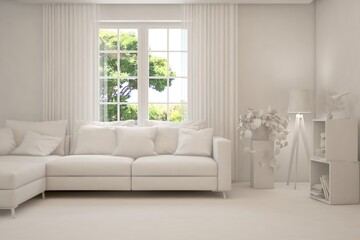 Mock up of stylish room in white color with sofa and green landscape in window. Scandinavian interior design. 3D illustration