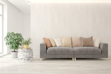 Soft color living room with sofa. Scandinavian interior design. 3D illustration