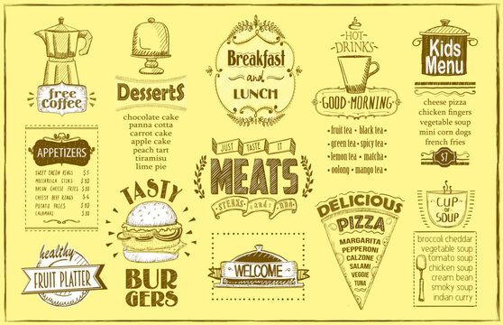 Old style menu list - fast food and pizza, meats menu, burgers, appetizers, etc.