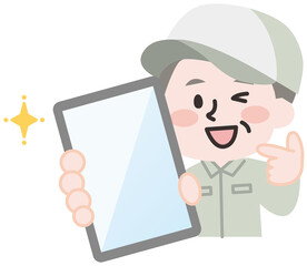 スマホを持ってポーズするシニア男性作業員