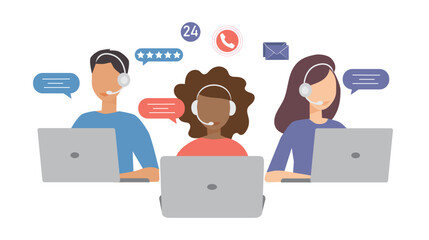 customer service, hotline operator, advises customer, online global technical support, vector illustration