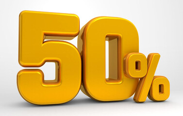 Golden 50% 3d isolated on white background. 50% off 3D. 50% mega sale or Fifty percent bonus.  Sale of special offers. 3d rendering.