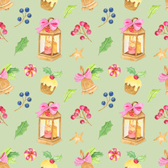Watercolor seamless christmas pattern with lantern,berries,bell,cupcake,sweet candy,star and holly leaf isolated on light green background.Good for  holiday wrapping paper,packaging.