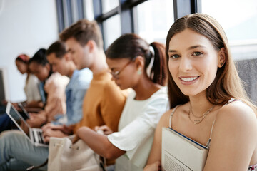 Recruitment, waiting room and students portrait at internship opportunity, HR interview or career application at university, Gen z research scholarship candidate people for Human Resources hiring job - obrazy, fototapety, plakaty