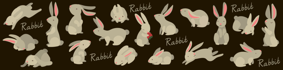 A set of rabbits, hares for the new year, Easter. Animals in different poses on a dark background. !8 rabbits in a cartoon style of delicate shades. book illustration, postcards, textiles.