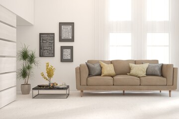 White living room with sofa. Scandinavian interior design. 3D illustration