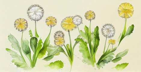 Dandelion (Taraxacum). Botanical illustration on white paper. The best medicinal plants, their effects and contraindications. Natural medicine. Plant properties.