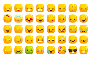 Smile emoji and expression icons of emoticon faces, vector happy, sad and angry set. Funny emoji or cute kawaii square smiles with laugh or love emotions, message chat expression emoticons pack