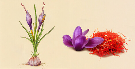 Kesar  Saffron (Crocus Sativus Corms). Botanical illustration on white paper. The best medicinal plants, their effects and contraindications. Natural medicine. Plant properties.