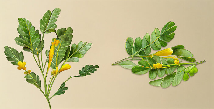 Senna (Casia Augustifolia). Botanical illustration on white paper. The best medicinal plants, their effects and contraindications. Natural medicine. Plant properties.