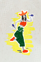 Creative drawing collage picture of positive optimistic young woman cactus pants sombrero shaking...