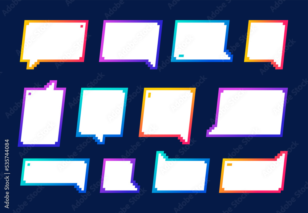 Poster pixel game frames, borders and info boxes, text bubbles and speech balloons, vector 8 bit art. pixel