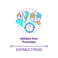 Validate your prototype concept icon. Users testing on early development stages abstract idea thin line illustration. Isolated outline drawing. Editable stroke. Arial, Myriad Pro-Bold fonts used