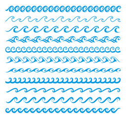 Sea and ocean surf wave lines. Blue water vector borders and frames. Water wave decoration line patterns set. Ocean water frame isolated separator, nautical frame border or divider © Vector Tradition
