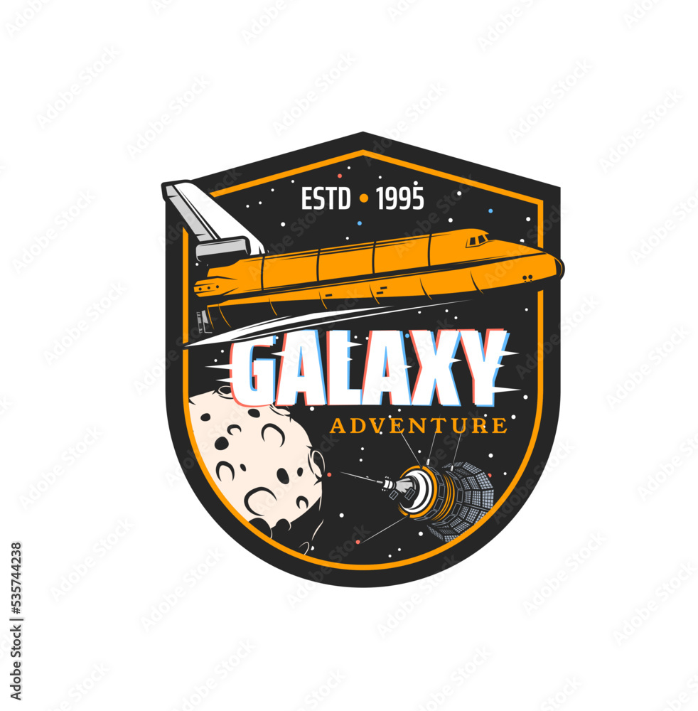 Poster galaxy adventure. space shuttle icon, vector universe planets and stars with spaceship, satellite an