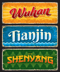 Wuhan, Tianjin, Shenyang chinese travel sticker plate. China city travel destination, tourism tin sign or plate. Asian journey vector postcards or retro stickers, chinese town voyage aged banners
