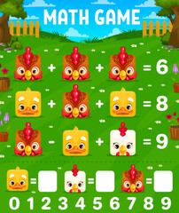 Cartoon square hen, chicken and rooster characters. Math game worksheet. Children mathematical playing activity, child math addition game vector worksheet with farm birds, funny hens and roosters