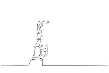 Drawing of arab businesswoman standing on giant thumb using telescope to look into the distance. Continuous line art