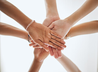 Group of hands in unity, teamwork motivation or support for partnership goal, success and collaboration achievement. Team building, community or friends with trust for vision, mission or deal