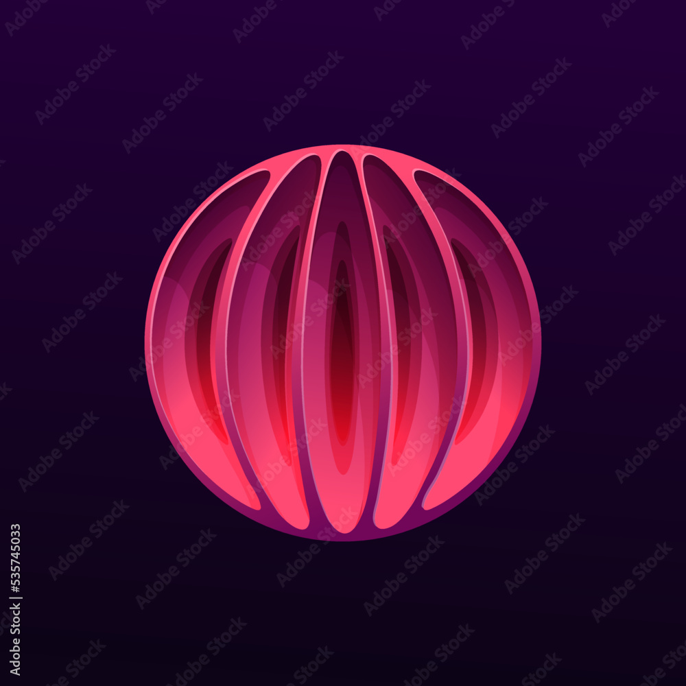 Poster Mysterious planet with holes. Vector red glowing galaxy sphere in space, fantasy globe in universe. Ui game comet, meteor, fantastic world, isolated astronomy object. Cosmic glow bubble in deep space
