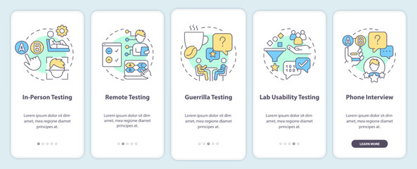 Methods for usability testing onboarding mobile app screen. Research walkthrough 5 steps editable graphic instructions with linear concepts. UI, UX, GUI template. Myriad Pro-Bold, Regular fonts used
