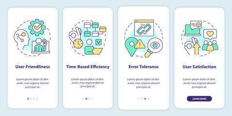 Basic metrics for usability testing onboarding mobile app screen. Walkthrough 4 steps editable graphic instructions with linear concepts. UI, UX, GUI template. Myriad Pro-Bold, Regular fonts used
