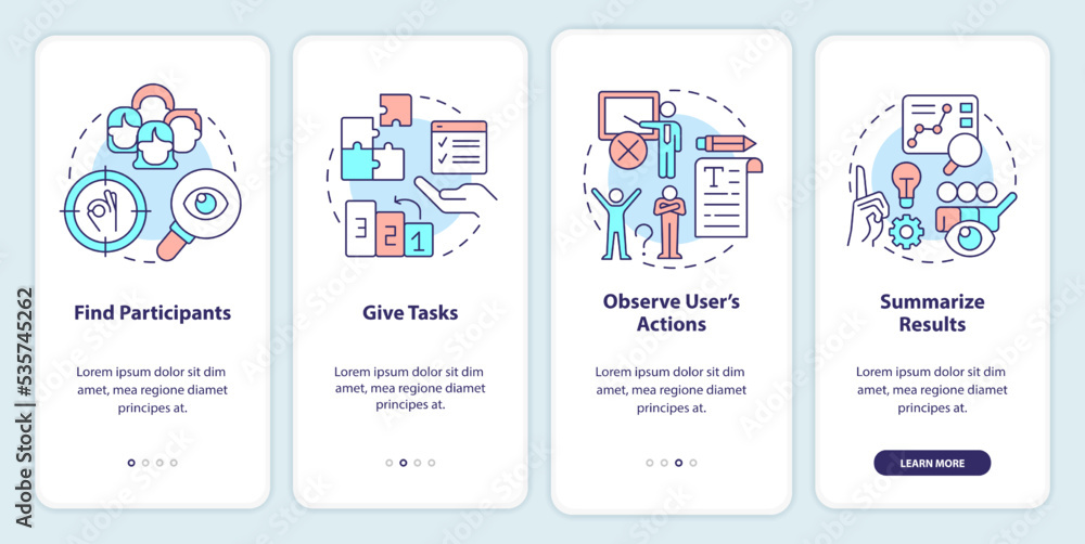 Poster usability testing plan onboarding mobile app screen. ux research walkthrough 4 steps editable graphi
