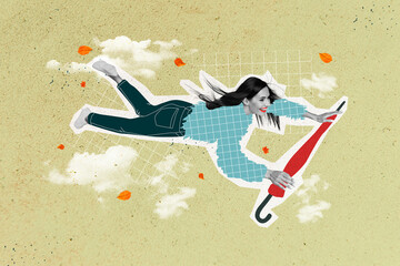 Creative abstract template graphics image of happy smiling lady flying sky holding umbrella isolated drawing background