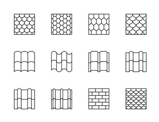 Roof tile icons, isolated vector overlap sheets, shingles tiling samples texture and pattern. Concrete, clay, metal, steel, ceramic, terracotta covering for house rooftop, construction roof tile © Vector Tradition