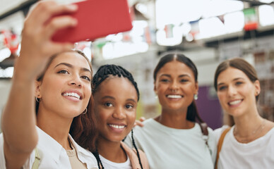 Happy group phone selfie, friends or teamwork with business people for team building or social media post. 5g network, smartphone and workshop meeting collaboration or support with smile outdoors.