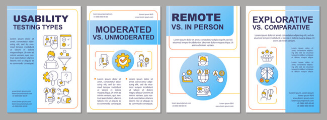 Usability testing methods blue brochure template. UX research types. Leaflet design with linear icons. Editable 4 vector layouts for presentation, annual reports. Aria, Myriad Pro-Regular fonts used