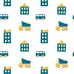 Vector seamless pattern with houses and cars. Cute illustration for wallpaper, wrapping paper, background, fabric, textile.