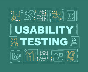 Usability testing word concepts green banner. User experience research. Infographics with editable icons on color background. Isolated typography. Vector illustration with text. Arial-Black font used
