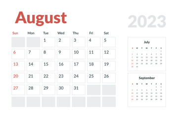 Calendar Template of august 2023. Vector layout simple calendar with week start sunday.