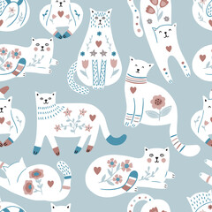 Childish seamless pattern with modern cats and Scandinavian floral. It can be used for nursery, print, decoration, wallpaper, apparel.