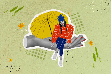 Photo artwork minimal picture of charming happy smiling lady sitting arm palm under umbrella...