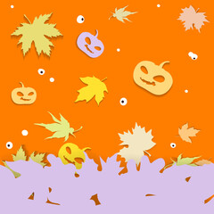 Festive Halloween background with bright funny pumpkins, maple decorative leaves and eyes, on a dark background