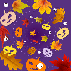 halloween holiday pattern with fun funny pumpkins and autumn maple and oak leaves on purple background with decorative swirl