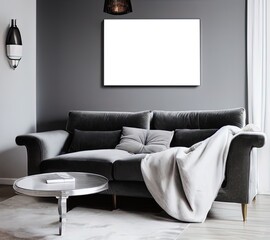 Mock up of poster frame for modern living room with sofa