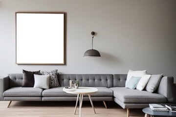 Mock up of poster frame for modern living room with sofa