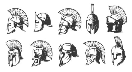 Helmets of spartan, roman and greek warriors or gladiators, vector, trojan or Sparta soldier head armor icons. Centurion helmets of medieval knight, spartan and roman gladiator armour helmets - obrazy, fototapety, plakaty