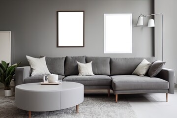 Mock up of poster frame for modern living room with sofa