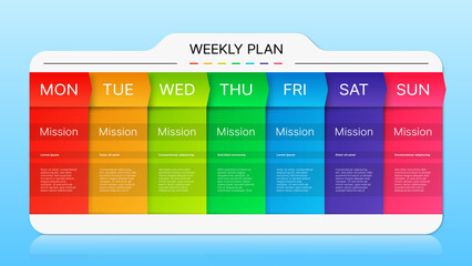 Week timeline planner schedule, diary calendar or day timetable, vector business events template. Week planner timeline for education calendar, office work management schedule and mission task plan