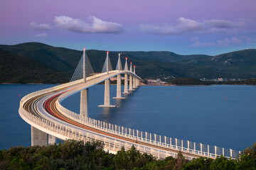 Peljesac Bridge, Croatia. Image of beautiful modern multi-span cable-stayed Peljesac Bridge over...